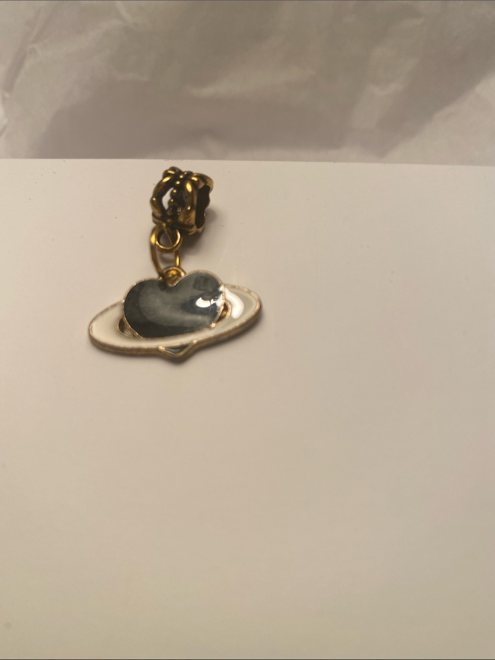 Gold-Tone Saturn Heart Enamel Charm - White and Gray